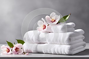 White towels and cherry blossoms on gray background.Spa, aromatherapy, zen spa atmosphere concept