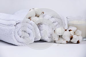 White towels and cotton flowers spa still life stock photo images