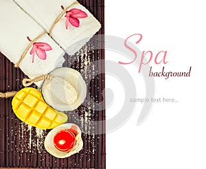 White towels, flowers and mango coconat shape soap