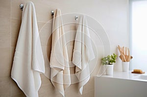 White towels hanging on the wall in bathroom.
