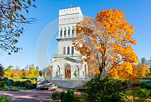 White tower in Alexander park in autumn, Pushkin Tsarskoe Selo, Saint Petersburg, Russia