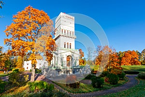White tower in Alexander park in autumn, Pushkin Tsarskoe Selo, Saint Petersburg, Russia