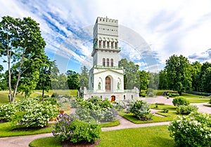 White tower in Alexander park in Tsarskoe Selo, Saint Petersburg, Russia