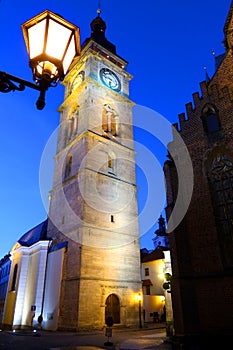 White tower at night, Hradec Kralove city, Czech Republic