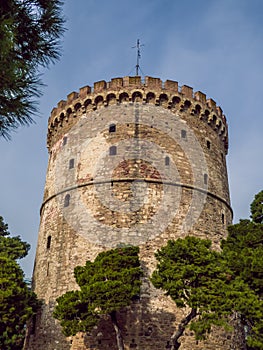 White Tower of Thessaloniki - infamous medieval prison tower, now a museum - wide angle shot photo