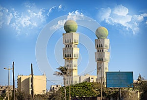 White towers of the Mosque of the Divinity in the capital of Senegal, Dakar, Africa