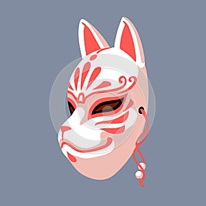 White traditional Japanese kitsune mask with red patterns, folk mystical character, demon, fox