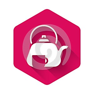 White Traditional tea ceremony icon isolated with long shadow. Teapot with cup. Pink hexagon button. Vector