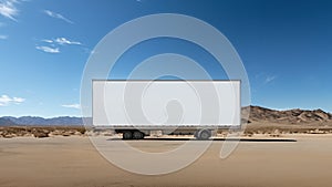 white trailer truck on the road with a blank billboard and horizontal background of desert and sunny sky.