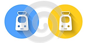 White Train and railway icon isolated with long shadow background. Public transportation symbol. Subway train transport