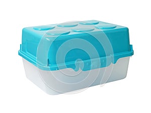 white translucent plastic storage box with pastel blue lid lock isolated on white background