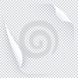 White transparent page with two curled round corners, empty paper template for banner, flyer, news. Vector post for