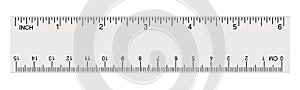White transparent ruler, isolated inch and centimetre, inches, centimeters, centimetres, millimeters, millimetres, imperial metric photo