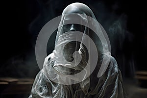 White transparent smoke like spirit ghostlike figure in a dark room at night