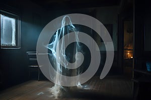 White transparent smoke like spirit ghostlike figure in a dark room at night photo