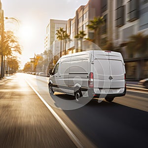 White transport Van back view without brand driving fast in an empty street with a morning light