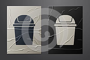 White Trash can icon isolated on crumpled paper background. Garbage bin sign. Recycle basket icon. Office trash icon