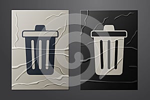 White Trash can icon isolated on crumpled paper background. Garbage bin sign. Recycle basket icon. Office trash icon