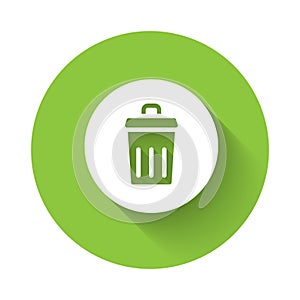 White Trash can icon isolated with long shadow background. Garbage bin sign. Recycle basket icon. Office trash icon