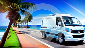 White travel caravan driving on a road along the sea coast with palm trees. In travel and tourism concept