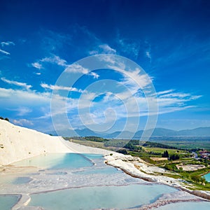 White travertine terrace formations in Pamukkale, Denizli Province, Turkey