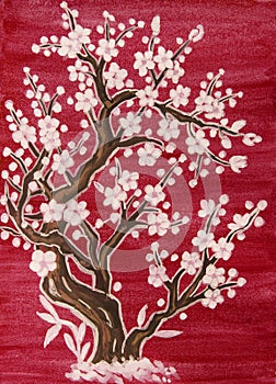 White tree in blossom, painting