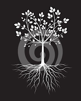 White Tree with leaves on black background. Vector Illustration