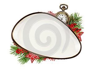 White triangle empty dish with brown edging and Christmas decorations isolated on white