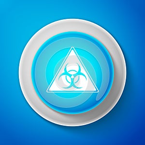 White Triangle sign with Biohazard symbol icon isolated on blue background. Circle blue button with white line. Vector