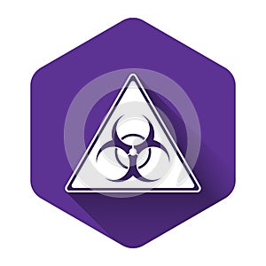 White Triangle sign with Biohazard symbol icon isolated with long shadow. Purple hexagon button