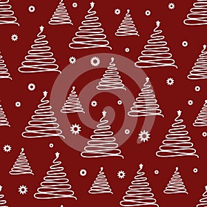 White triangle wavy line christmas trees with stars on red background seamless pattern with snowflakes