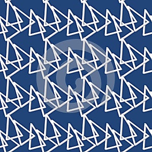 White triangles, geometry on a blue background, abstraction. Vector seamless pattern. Background illustration, decorative design