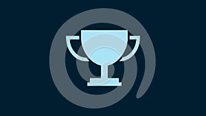 White Trophy cup icon isolated on blue background. Award symbol. Champion cup icon. 4K Video motion graphic animation