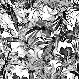 White Tropical Background. Black Exotic Print. Hibiscus Design. Seamless Set. Pattern Background. Watercolor Plant. Summer Plant.