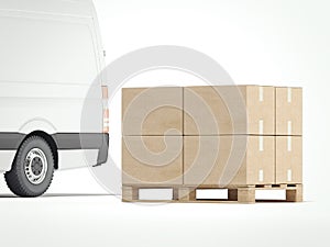 White truck with brown packages. 3d rendering