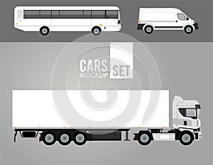 White truck and bus with mini van mockup cars vehicles icons