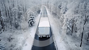 White truck driving along the road through the snowy forest on a cold winter day. Commercial transport. Generative AI