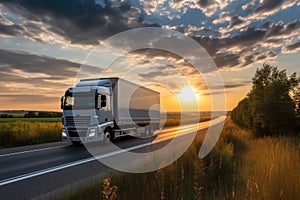 White truck driving on the asphalt road at sunset