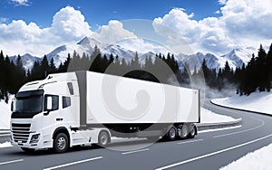 A white truck is driving on the highway. Clean and empty space in the side view. Snow-covered forest and mountain.