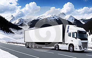 A white truck is driving on the highway. Clean and empty space in the side view. Snow-covered forest and mountain.