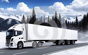 A white truck is driving on the highway. Clean and empty space in the side view. Snow-covered forest and mountain.