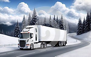 A white truck is driving on the highway. Clean and empty space in the side view. Snow-covered forest and mountain.