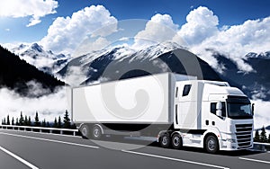 A white truck is driving on the highway. Clean and empty space in the side view. Snow-covered forest and mountain.