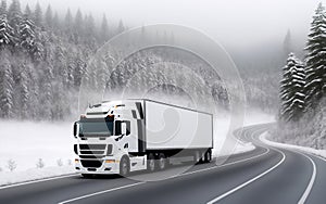 A white truck is driving on the highway. Clean and empty space in the side view. Snow-covered forest and mountain. Generative AI