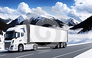 A white truck is driving on the highway. Clean and empty space in the side view. Snow-covered forest and mountain. Generative AI