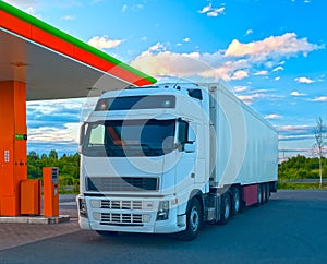 Bianco camion è un sul carburante stazione 