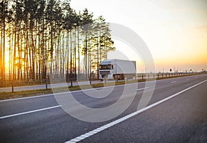 White truck with isotherm semitrailer transports frozen fruits and vegetables on the highway against the backdrop of a sunny