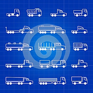 White truck line icons. Transportation vector outline isolated symbols