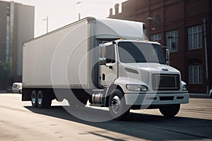 White truck on the road in the city. Freight transportation. generative ai