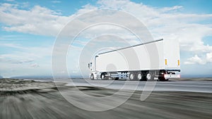 White truck. semi trailer on the road, highway. Transports, logistics concept. 4K realistic loopable animation.